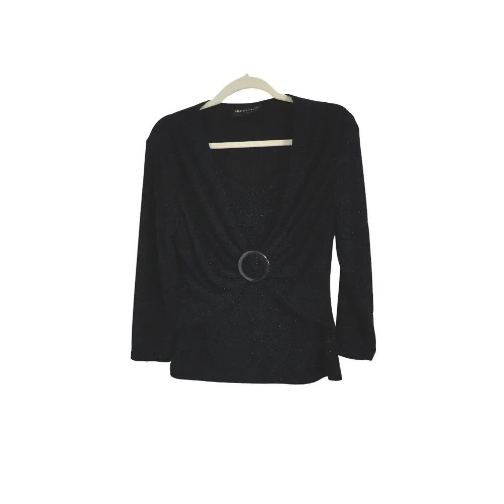 Connected Apparel Top Womens Medium M Black Blue Sparkle Long Sleeve Knit Blouse - Picture 1 of 7